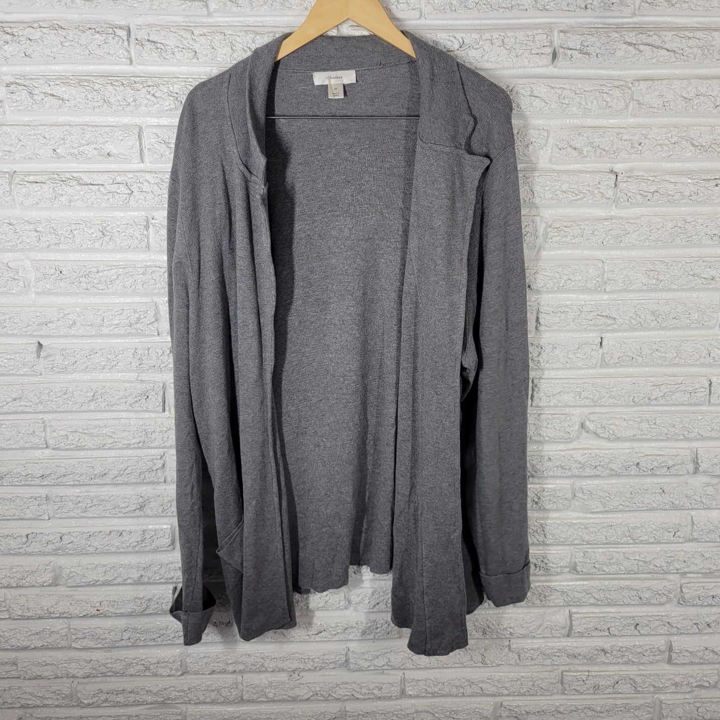 CJ Banks Women Sweater 3X Plus Cardigan Open Gray Cuff Sleeve Cotton Blend Comfy