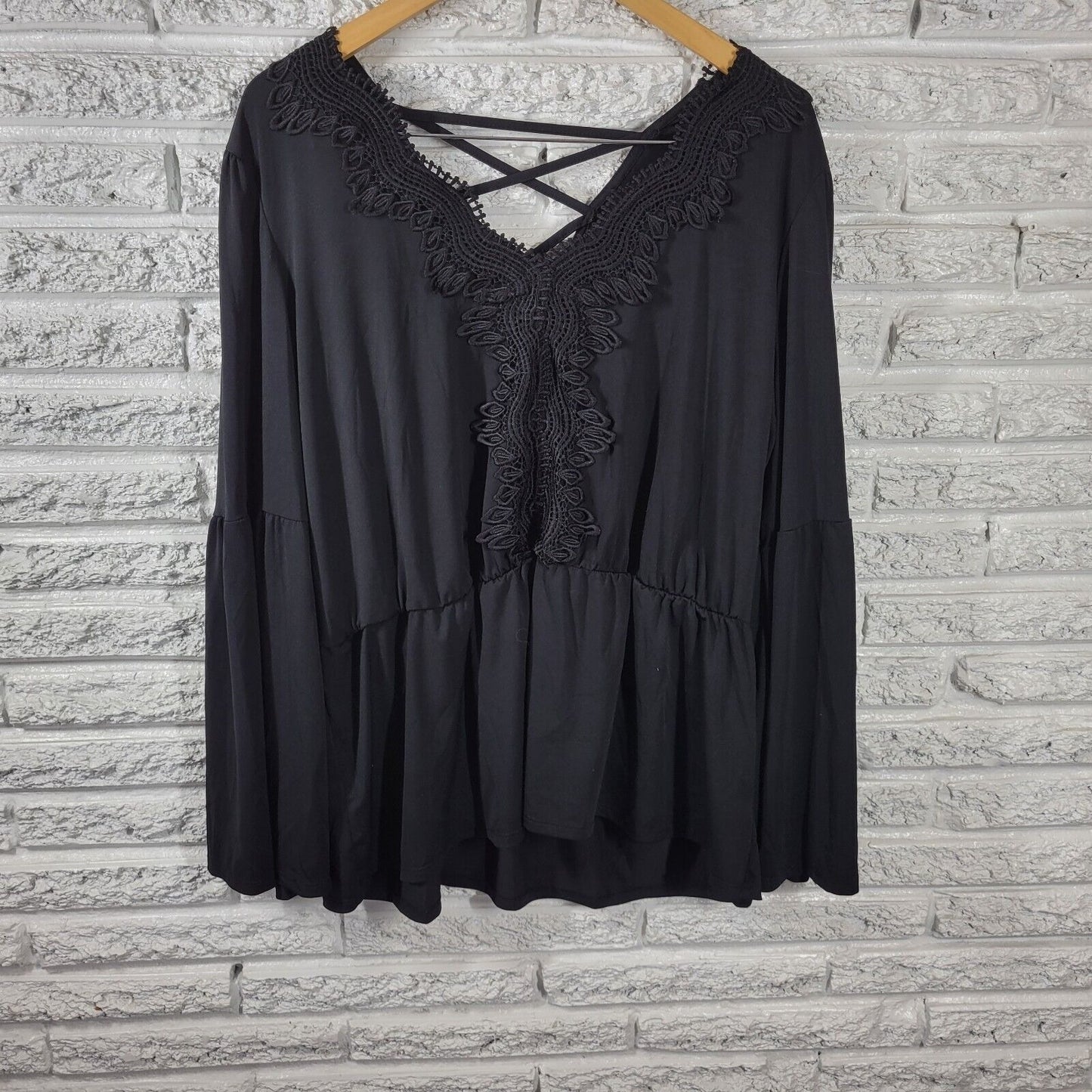 Maurices Womens Top XXL Tunic Bell Sleeve Black Elastic Waist Lattice Back Lace