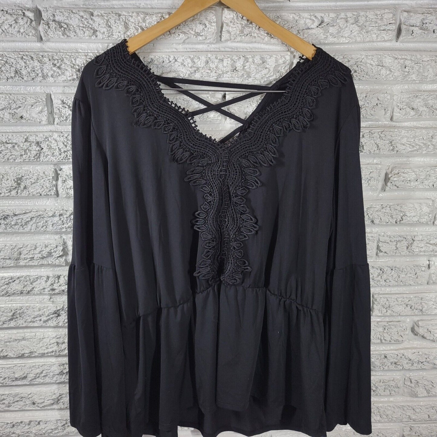 Maurices Womens Top XXL Tunic Bell Sleeve Black Elastic Waist Lattice Back Lace