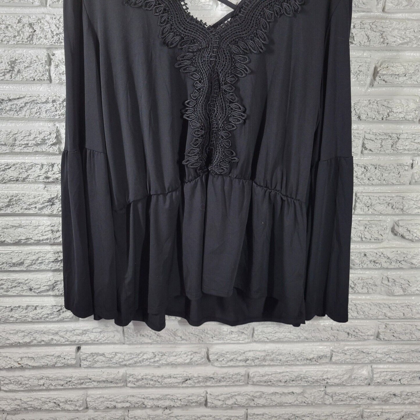 Maurices Womens Top XXL Tunic Bell Sleeve Black Elastic Waist Lattice Back Lace