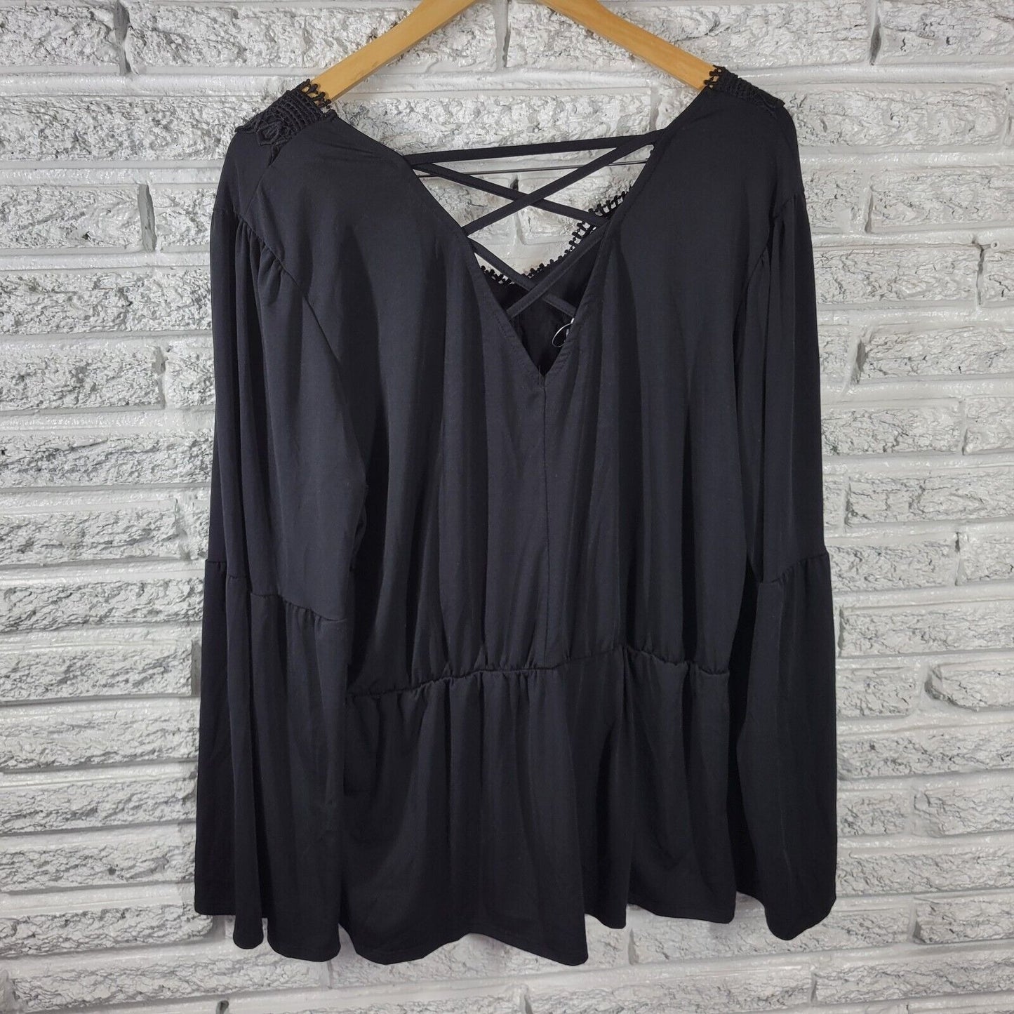 Maurices Womens Top XXL Tunic Bell Sleeve Black Elastic Waist Lattice Back Lace