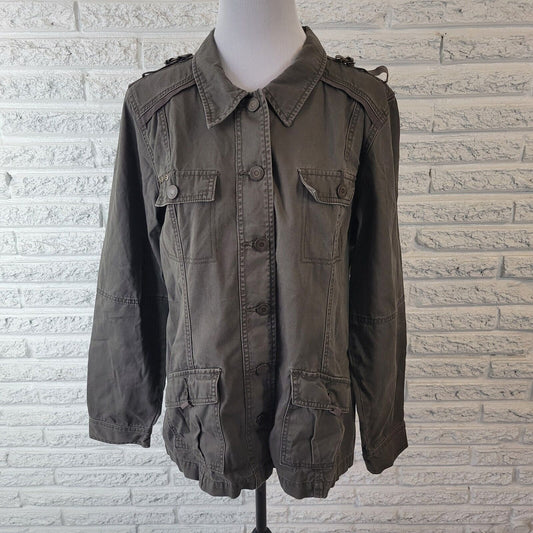 Maurices Womens Jacket XL Denim Gray Cotton Button Shoulder Strap Pockets