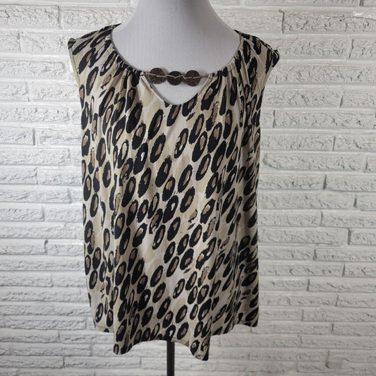 East 5th Womens Top 2X Plus Sleeveless Black Tan Animal Print Keyhole Poly Blend