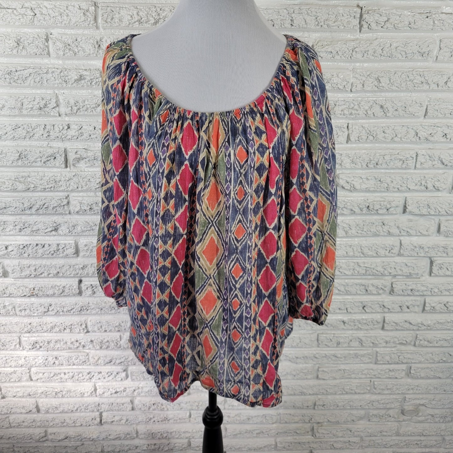 Chaps Women's 1X Plus Tunic Top Blue Red Geometric 3/4 Sleeve Cotton Blouse