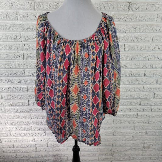 Chaps Women's 1X Plus Tunic Top Blue Red Geometric 3/4 Sleeve Cotton Blouse