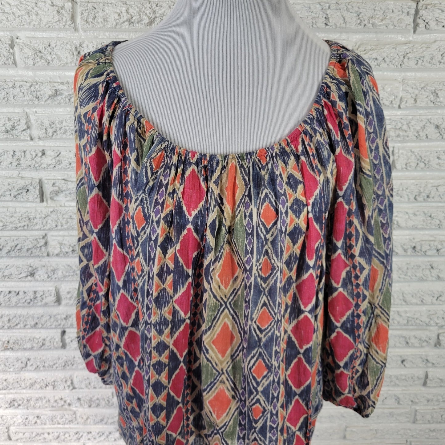 Chaps Women's 1X Plus Tunic Top Blue Red Geometric 3/4 Sleeve Cotton Blouse