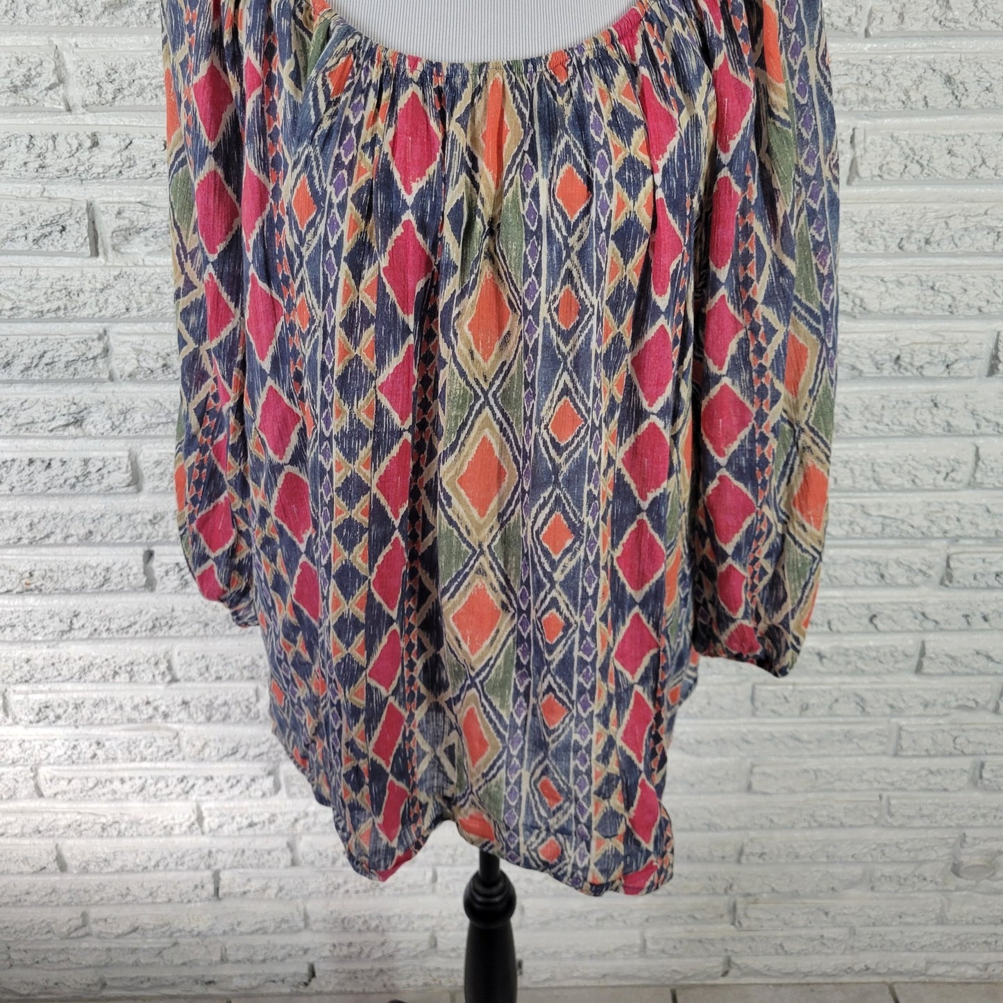 Chaps Women's 1X Plus Tunic Top Blue Red Geometric 3/4 Sleeve Cotton Blouse