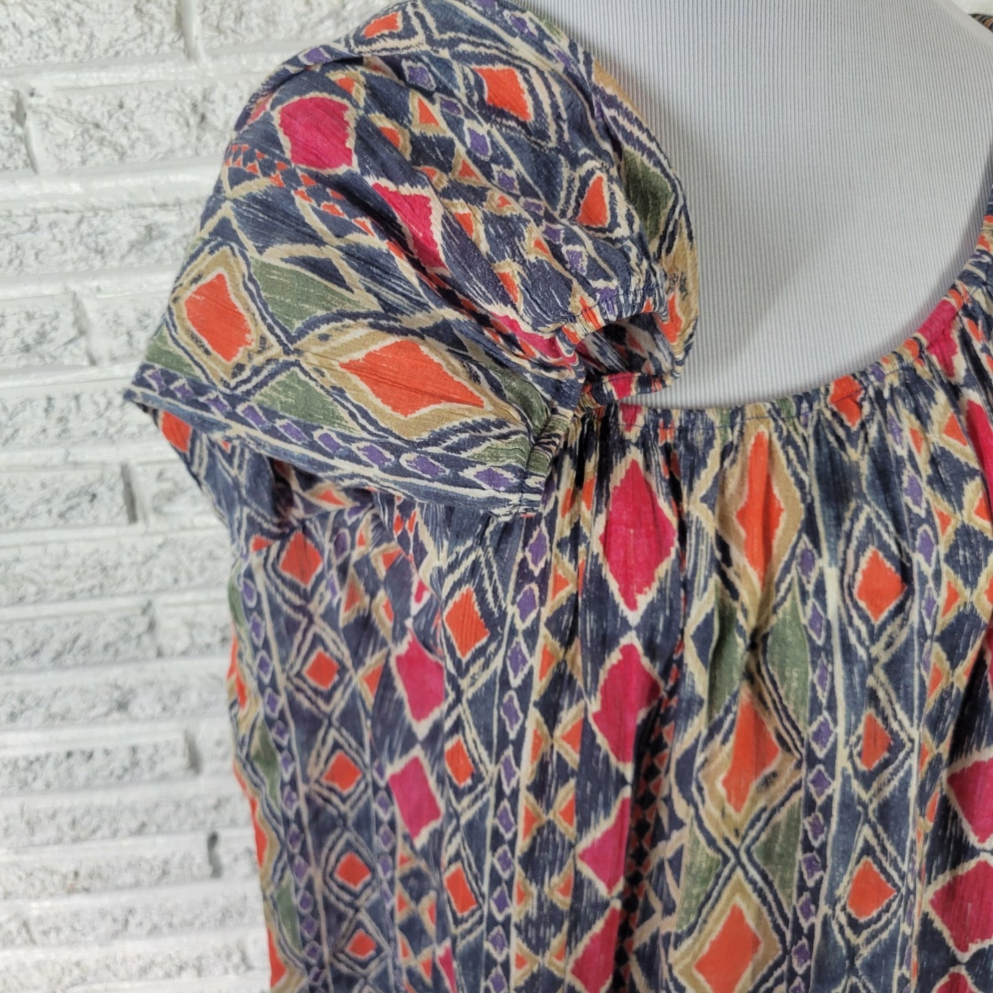 Chaps Women's 1X Plus Tunic Top Blue Red Geometric 3/4 Sleeve Cotton Blouse
