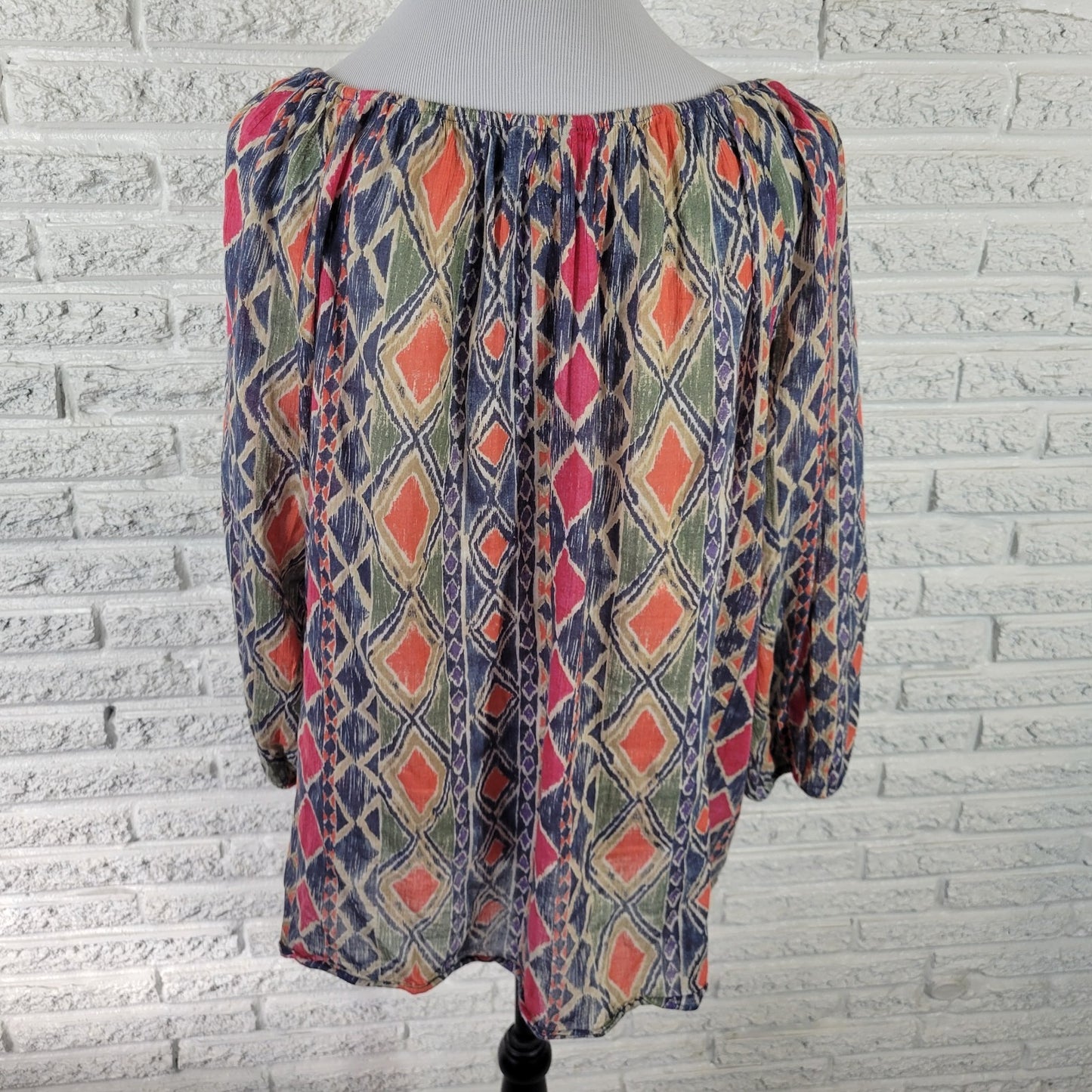 Chaps Women's 1X Plus Tunic Top Blue Red Geometric 3/4 Sleeve Cotton Blouse