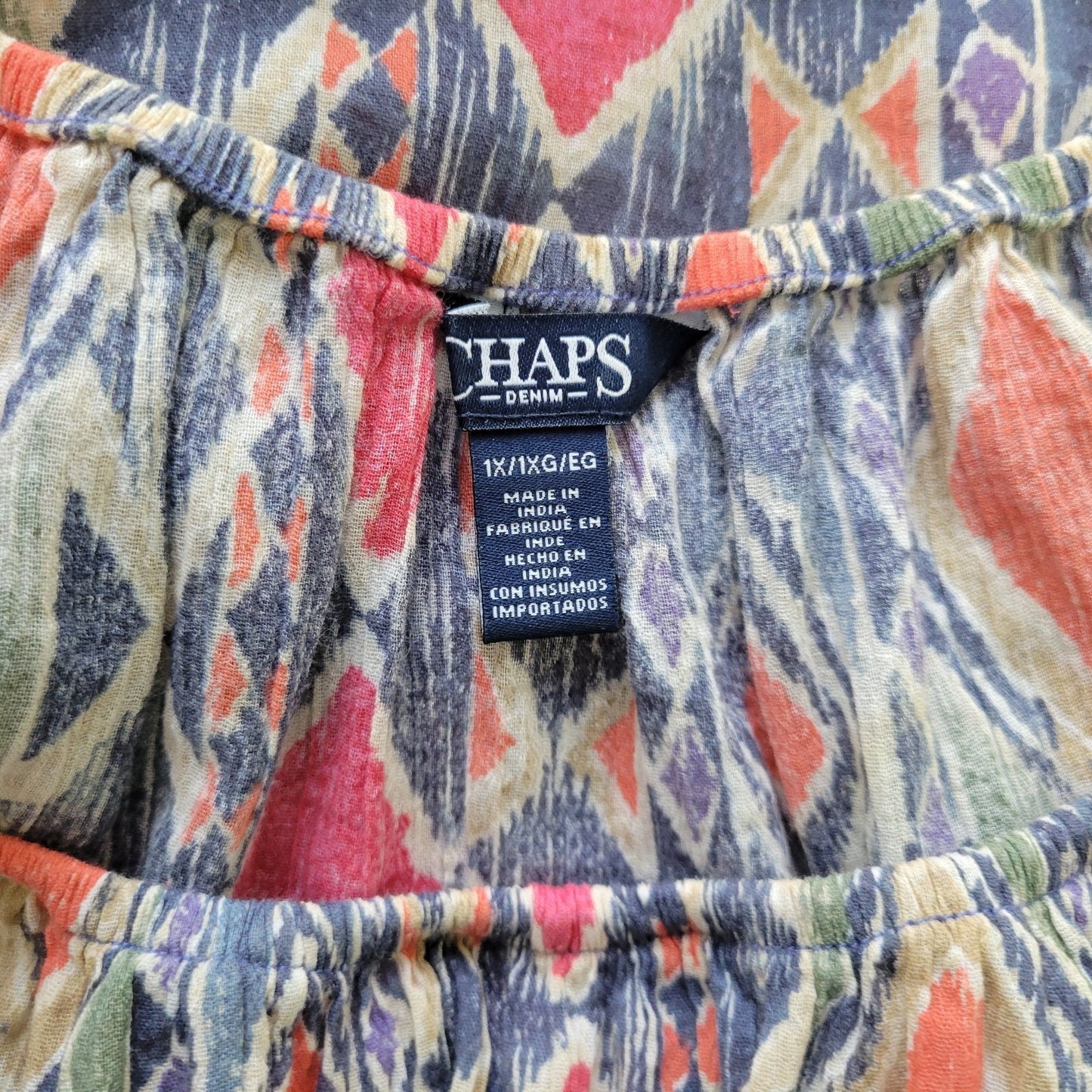 Chaps Women's 1X Plus Tunic Top Blue Red Geometric 3/4 Sleeve Cotton Blouse