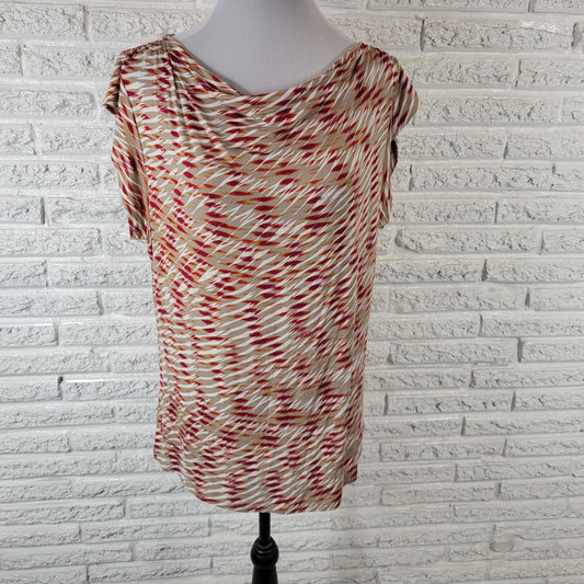 Worthington Women's XL Top Blouse Beige Red Geometric Boat Neck Cap Sleeve