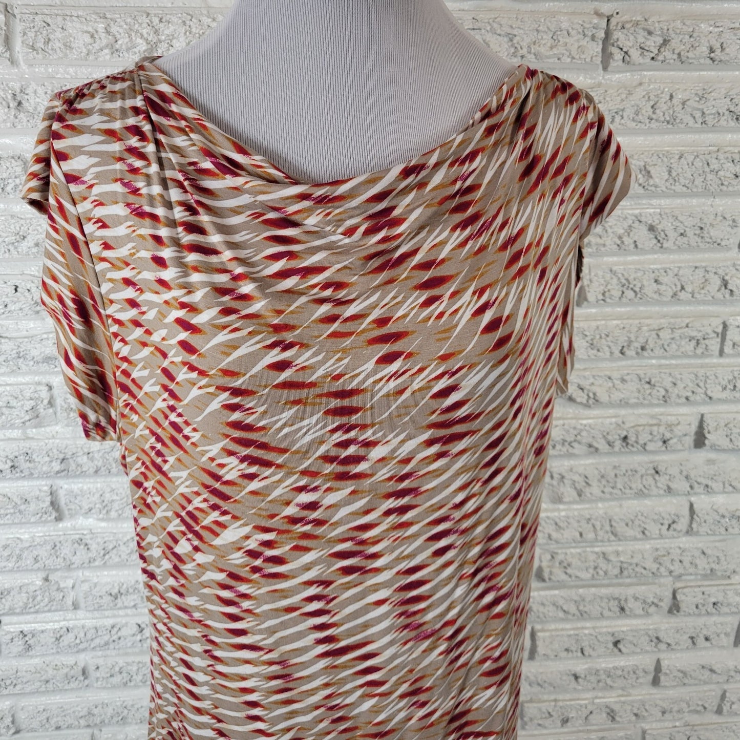 Worthington Women's XL Top Blouse Beige Red Geometric Boat Neck Cap Sleeve