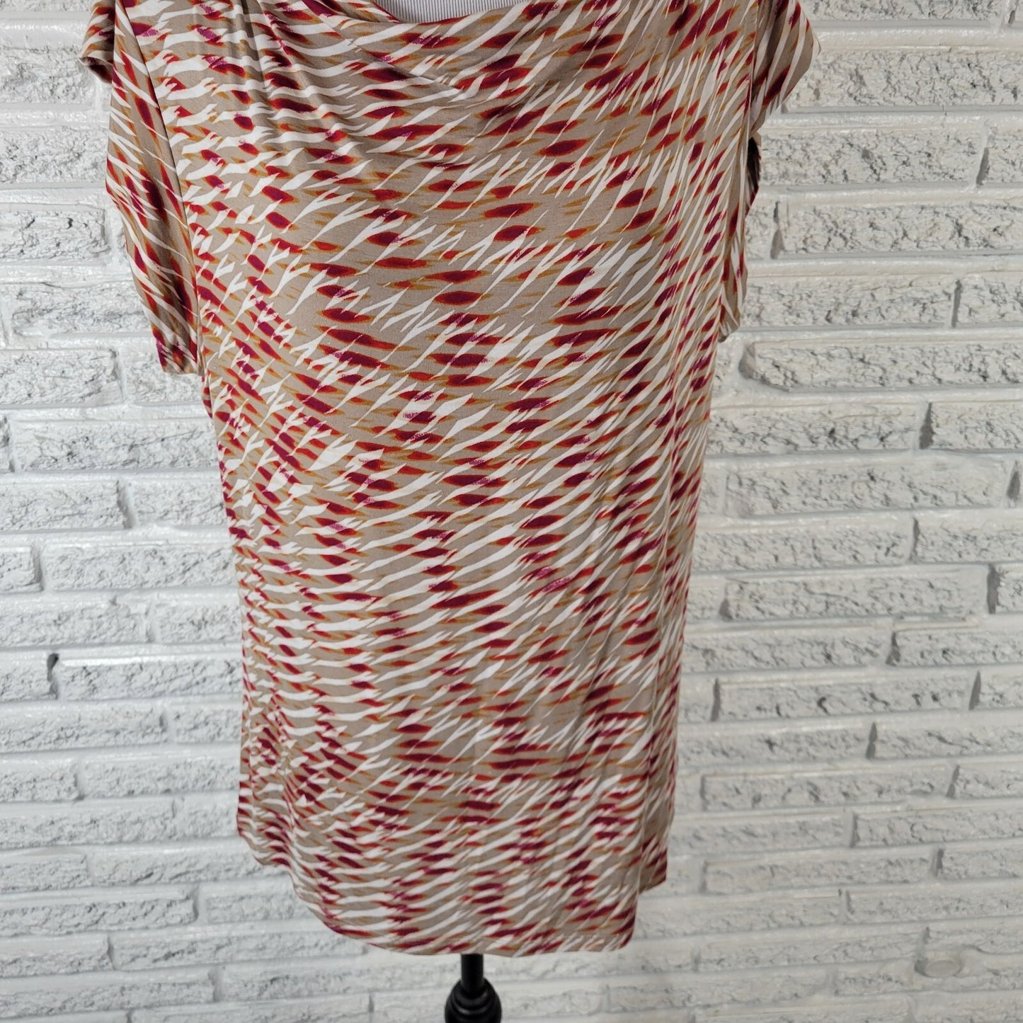 Worthington Women's XL Top Blouse Beige Red Geometric Boat Neck Cap Sleeve