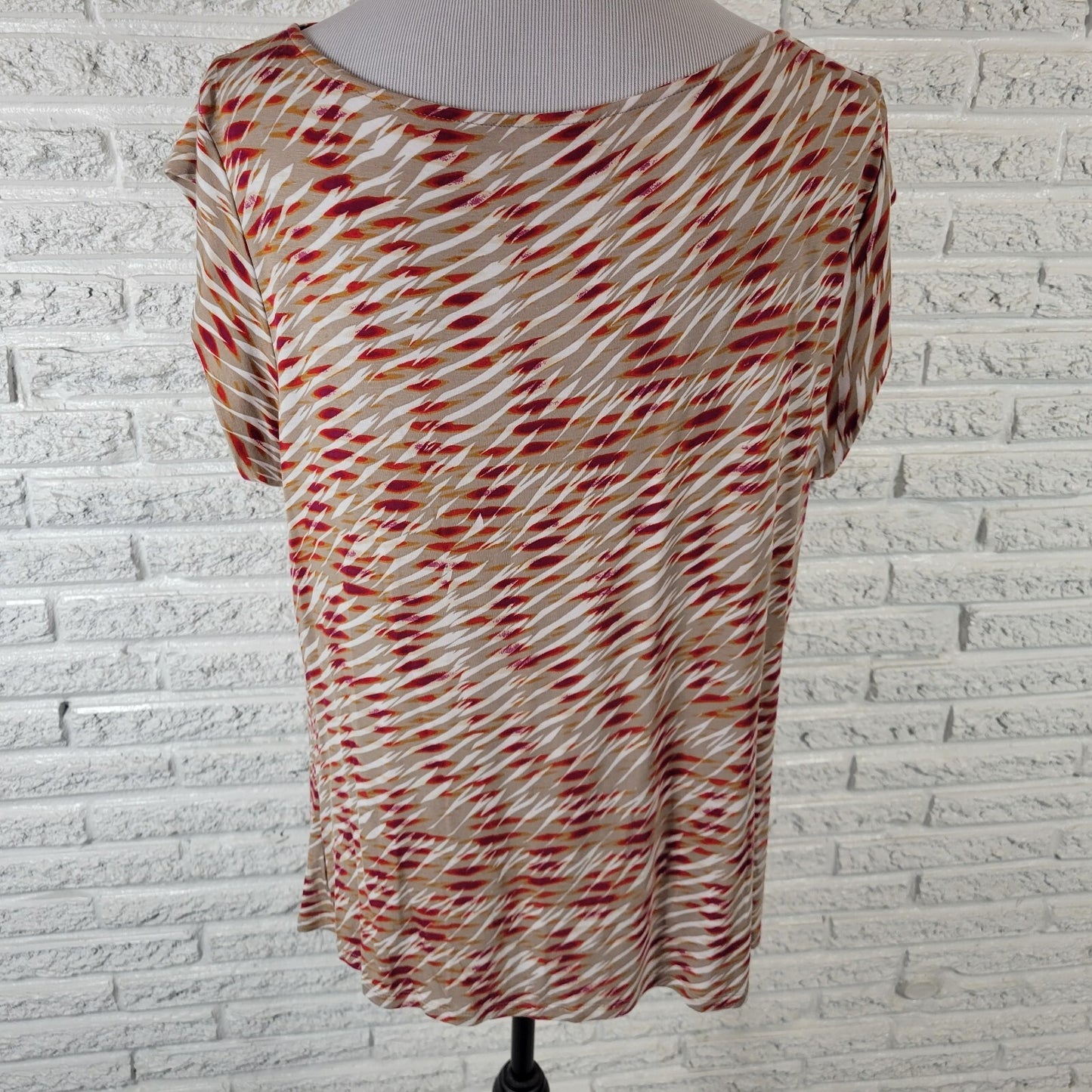 Worthington Women's XL Top Blouse Beige Red Geometric Boat Neck Cap Sleeve