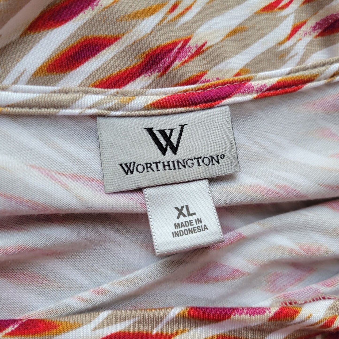 Worthington Women's XL Top Blouse Beige Red Geometric Boat Neck Cap Sleeve