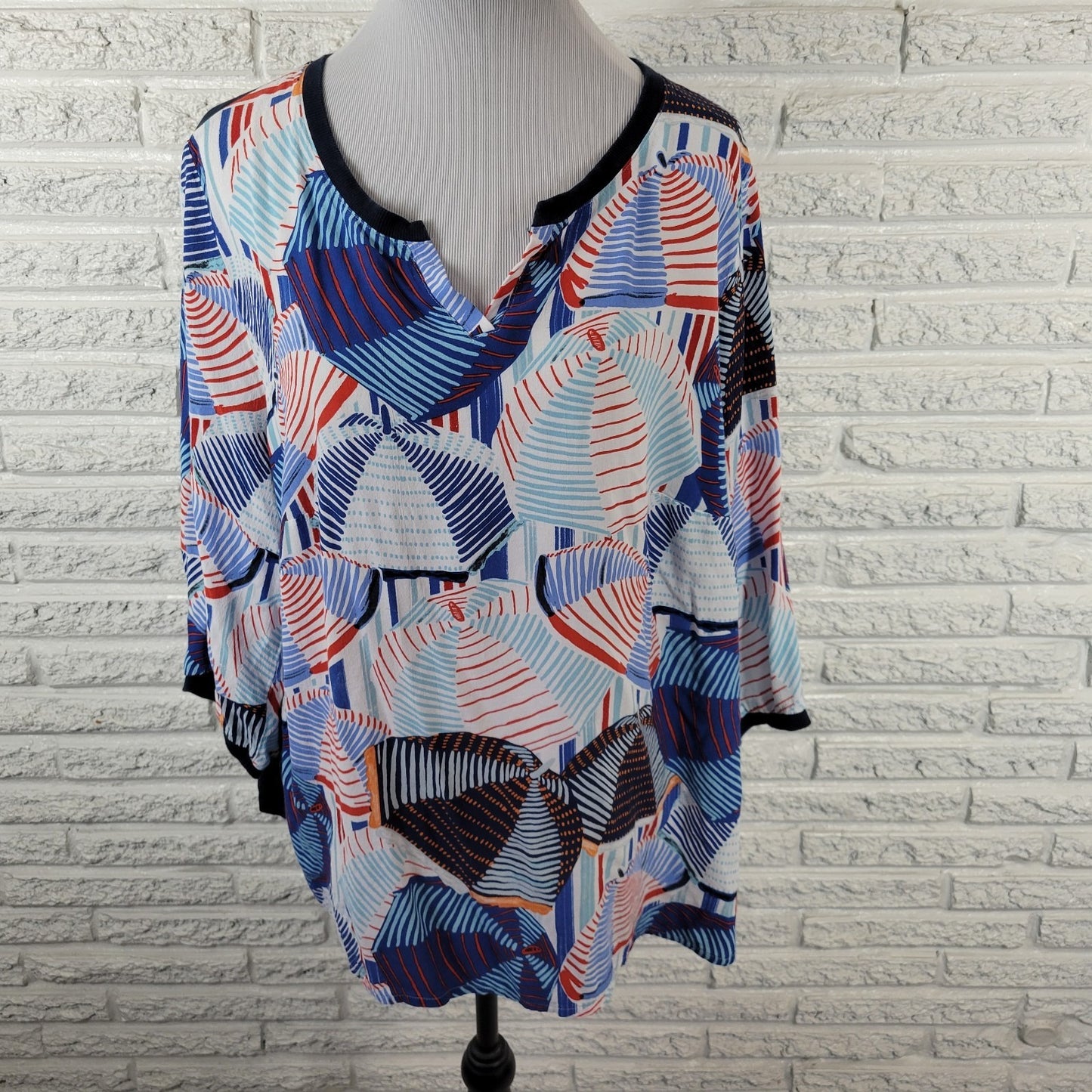 Ulla Popken Womens Top 20 22 Plus 3/4 Sleeve Blue Geometric Viscose Lightweight