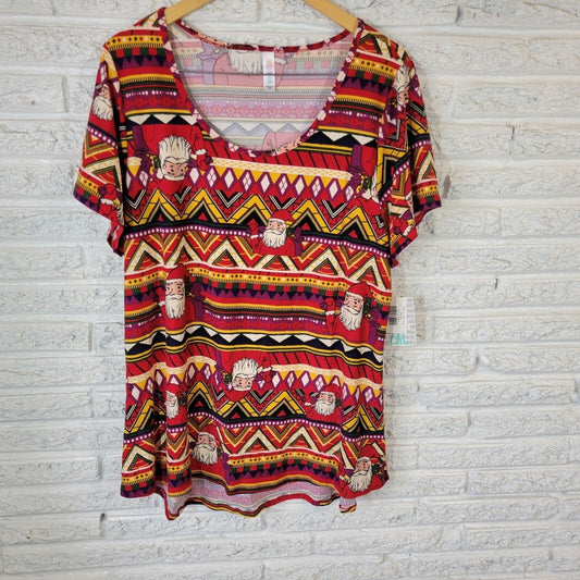 Christmas Lularoe Womens Top 2XL Plus Tee Santa Red Geometric Poly Blend Comfy