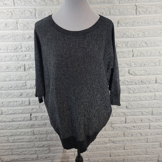IN Studio Womens Top 1X Plus Knit Dolman Sleeve Black Silver Metallic Sparkly