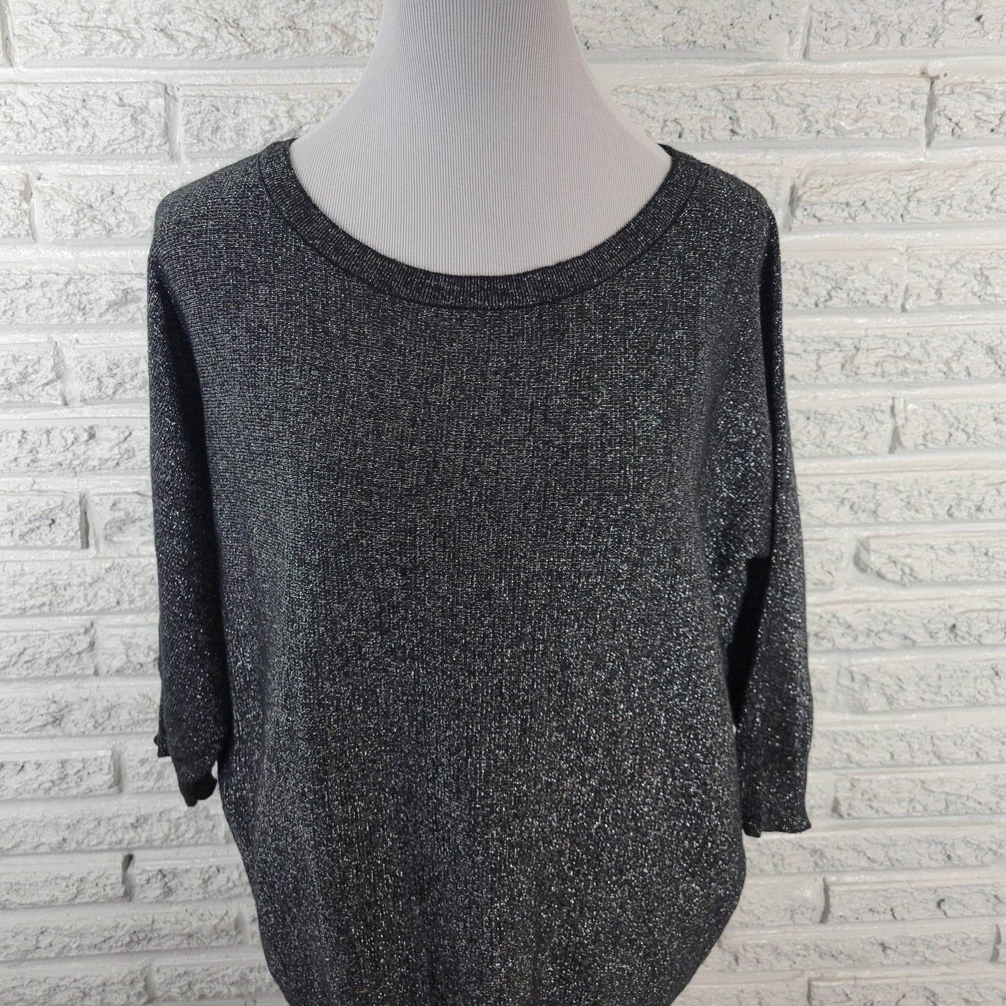IN Studio Womens Top 1X Plus Knit Dolman Sleeve Black Silver Metallic Sparkly