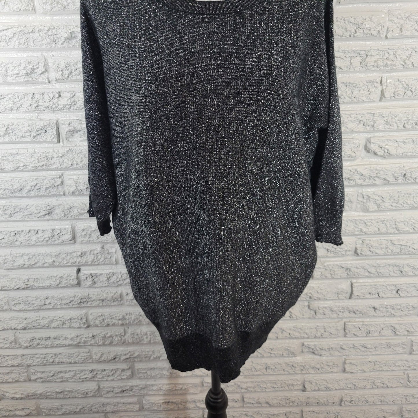 IN Studio Womens Top 1X Plus Knit Dolman Sleeve Black Silver Metallic Sparkly