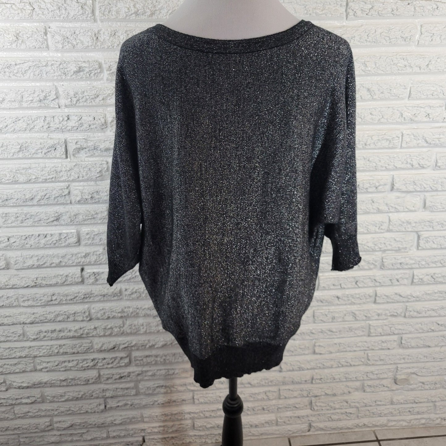 IN Studio Womens Top 1X Plus Knit Dolman Sleeve Black Silver Metallic Sparkly