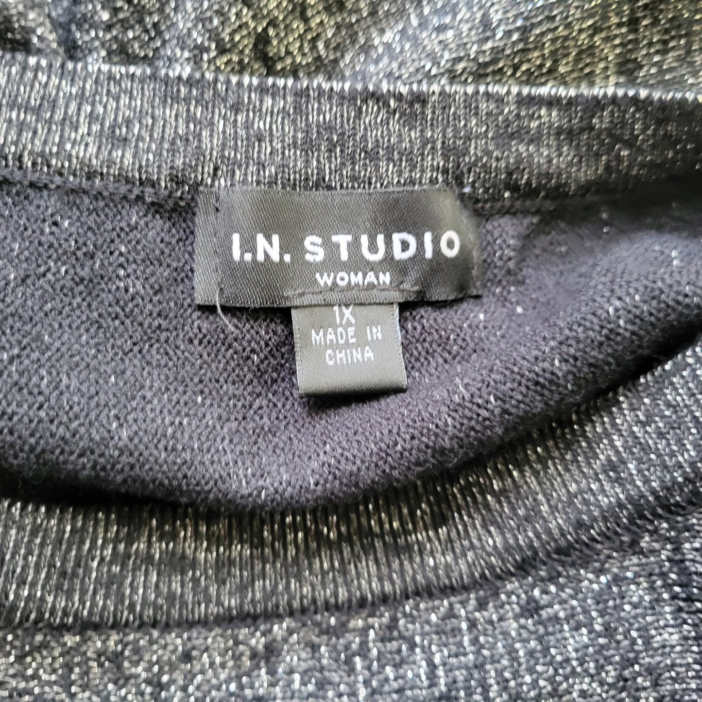 IN Studio Womens Top 1X Plus Knit Dolman Sleeve Black Silver Metallic Sparkly