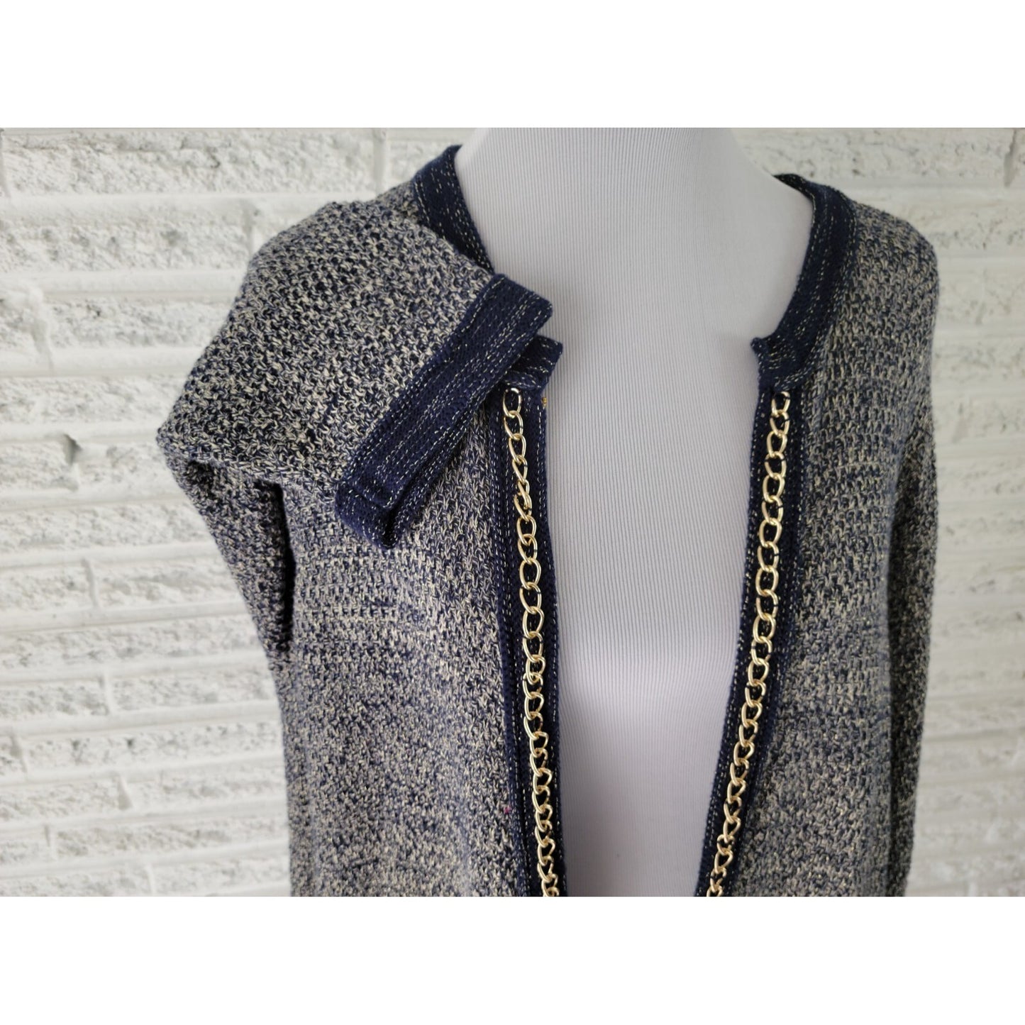 Roz Ali Womens Sweater 2X Plus Cardigan Blue Embellished Metallic Thread Chain