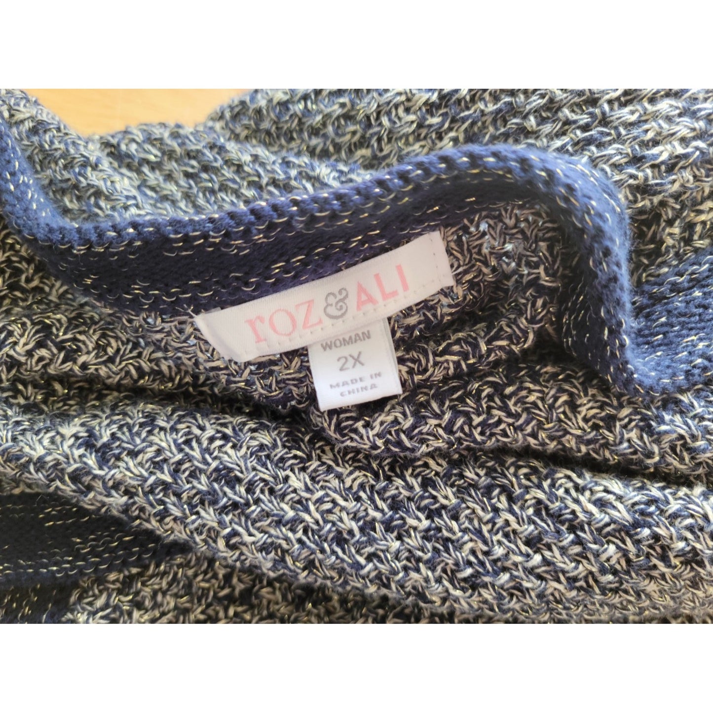 Roz Ali Womens Sweater 2X Plus Cardigan Blue Embellished Metallic Thread Chain