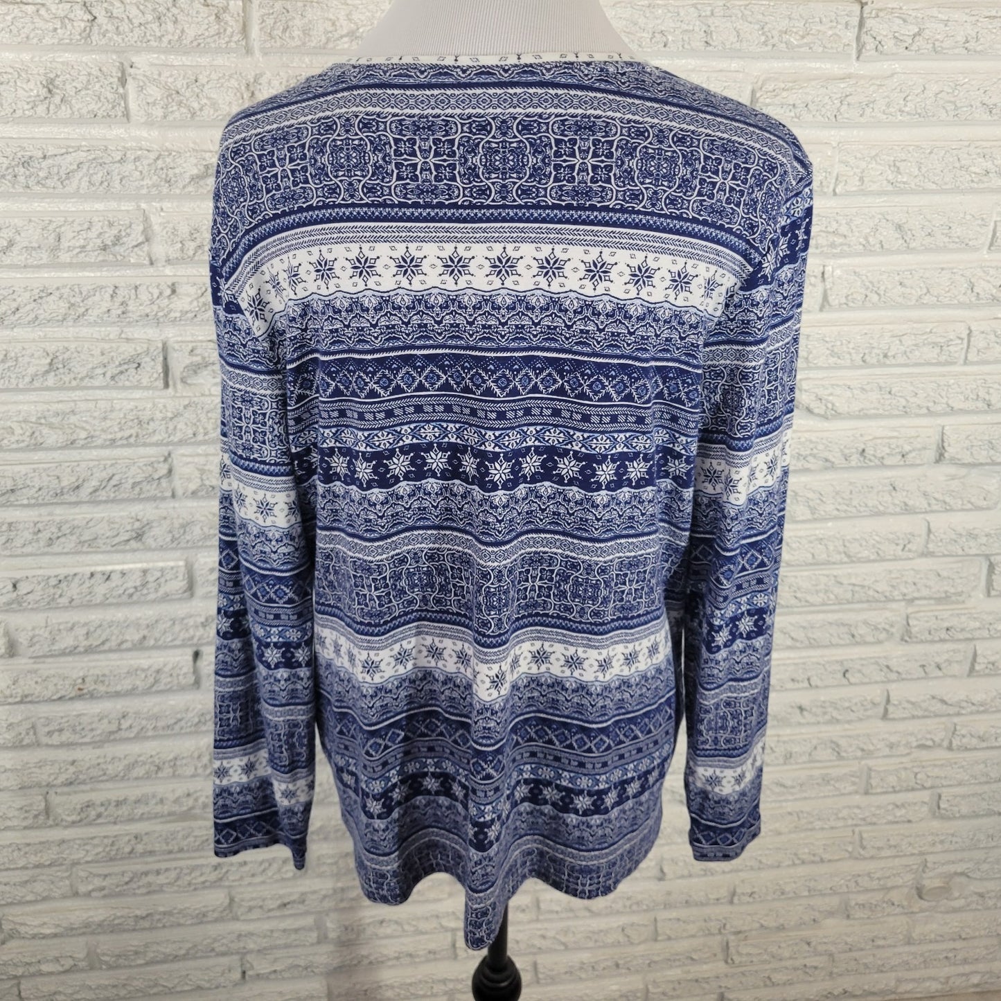 Croft & Barrow Women's XXL Blue White Geometric Long Sleeve T-Shirt 100% Cotton