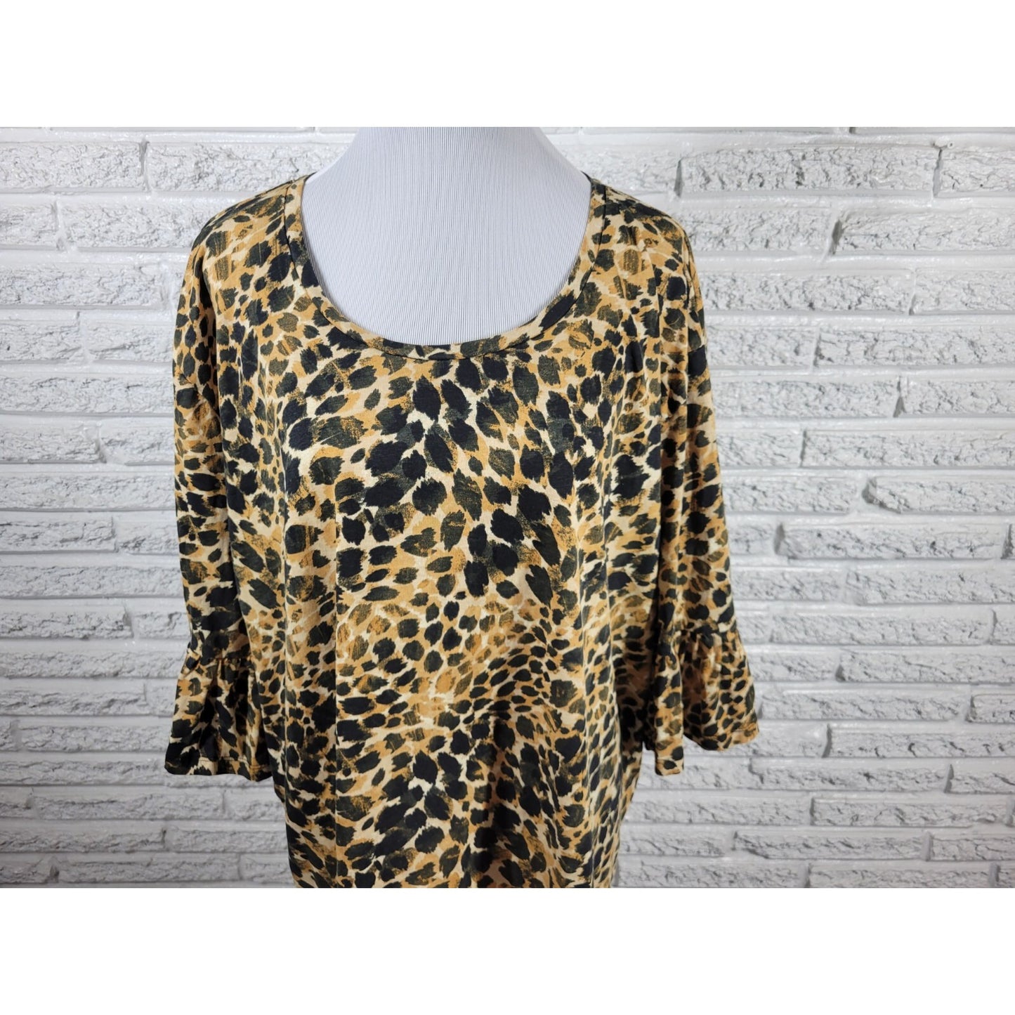Roamans Womens Top 1X 22 24 Plus Bell Sleeve Brown Animal Print Cotton Casual
