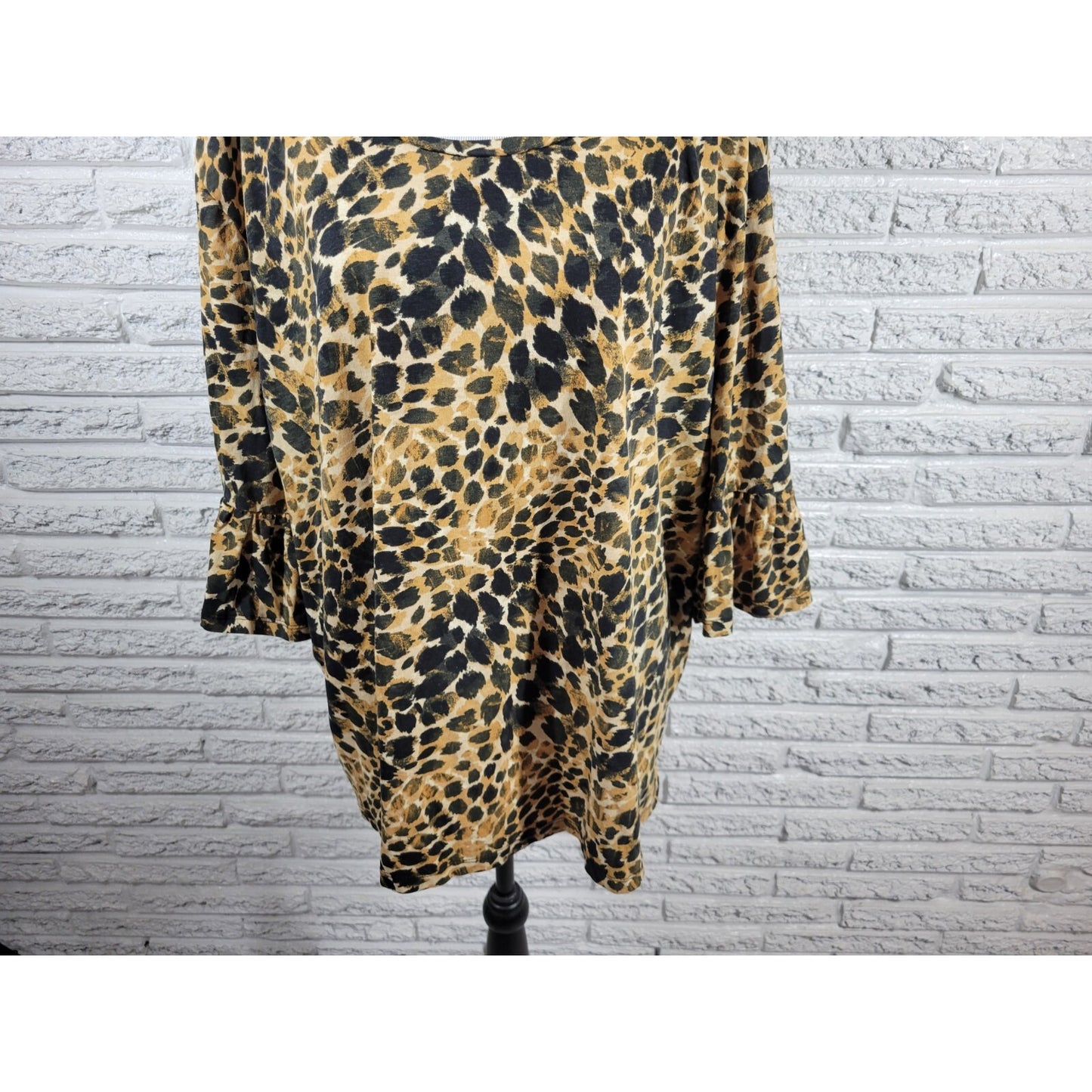 Roamans Womens Top 1X 22 24 Plus Bell Sleeve Brown Animal Print Cotton Casual