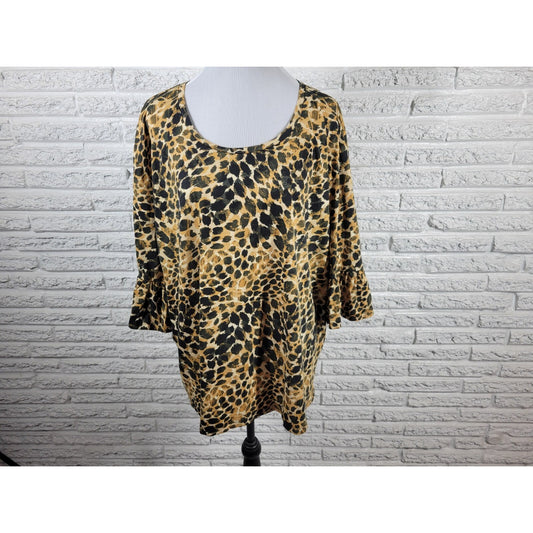 Roamans Womens Top 1X 22 24 Plus Bell Sleeve Brown Animal Print Cotton Casual