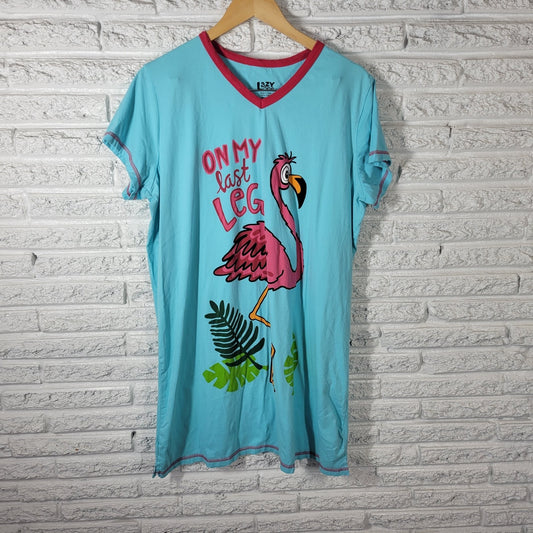 Lazy One Womens Pajama Top L XL Nightgown Blue Flamingo Cotton Loungewear Comfy