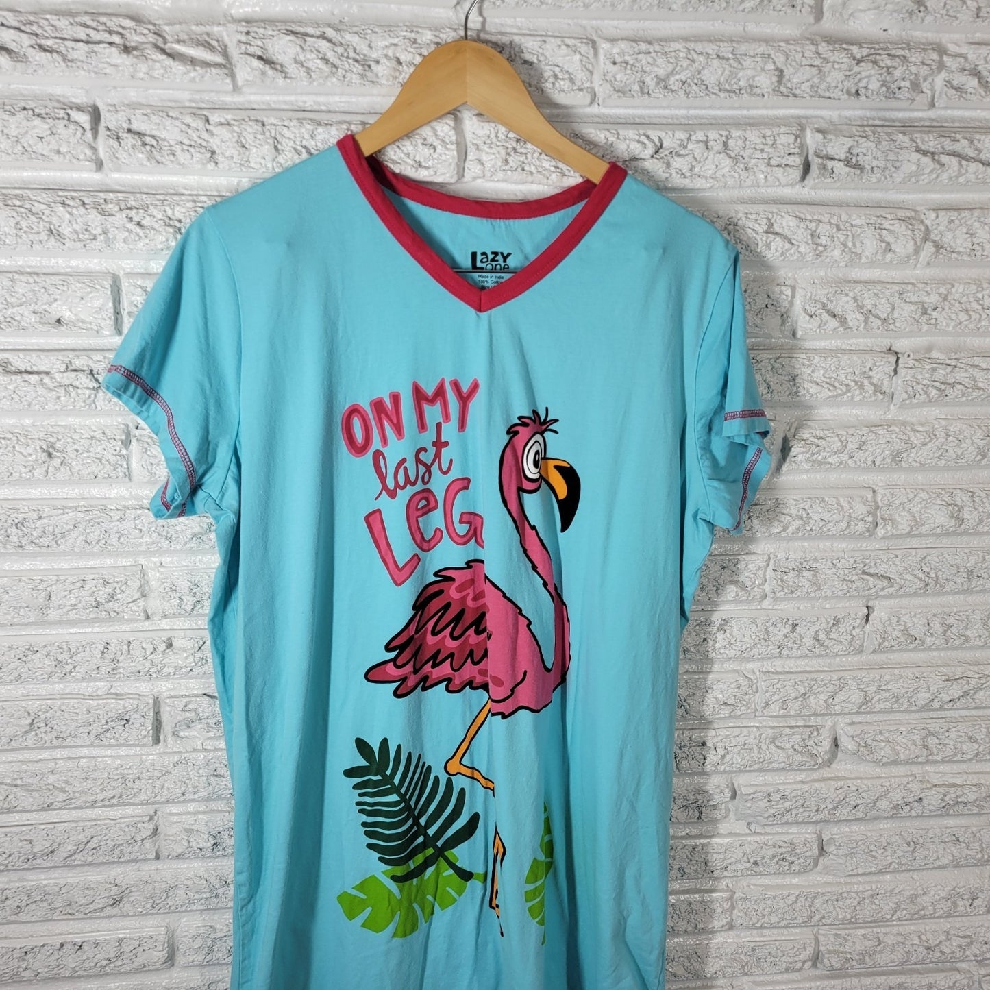 Lazy One Womens Pajama Top L XL Nightgown Blue Flamingo Cotton Loungewear Comfy