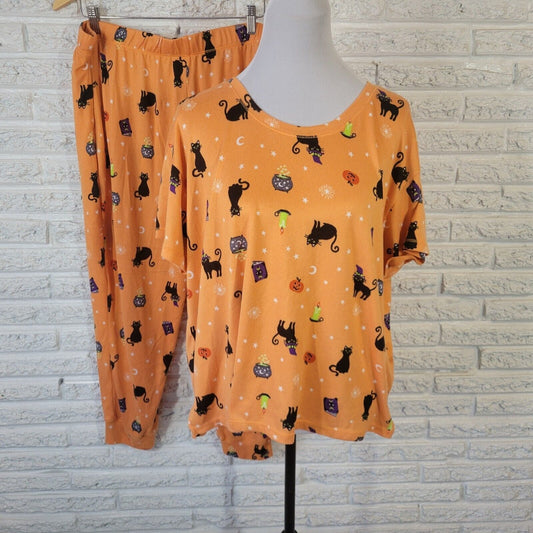 Halloween Womens Pajama Set 2X Knit Orange Cats All Over Lightweight Loungewear