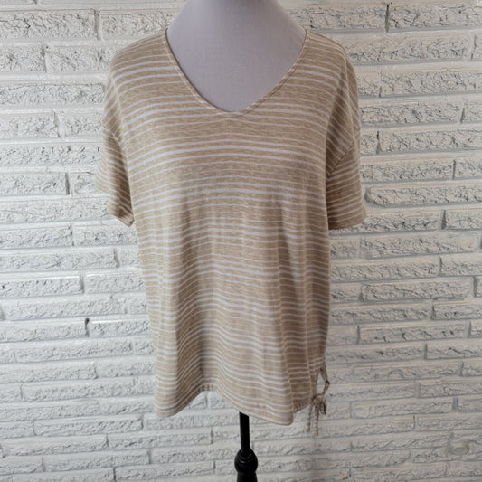 Liz Claiborne Womens Top Extra Large Knit Short Sleeve Tied Hem Beige Stripe