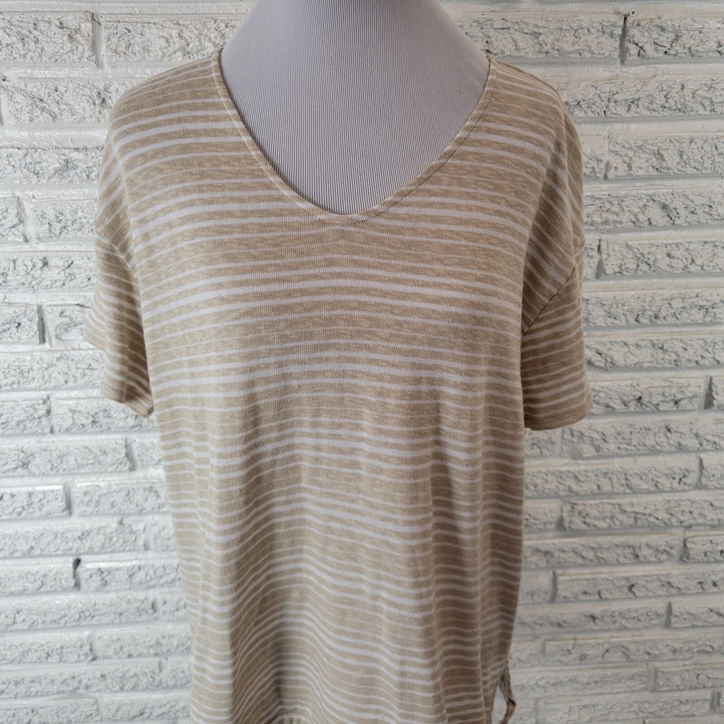 Liz Claiborne Womens Top Extra Large Knit Short Sleeve Tied Hem Beige Stripe