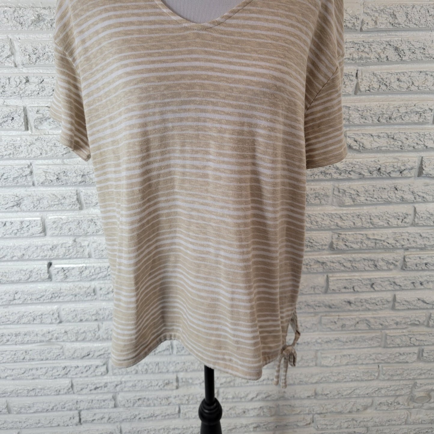 Liz Claiborne Womens Top Extra Large Knit Short Sleeve Tied Hem Beige Stripe