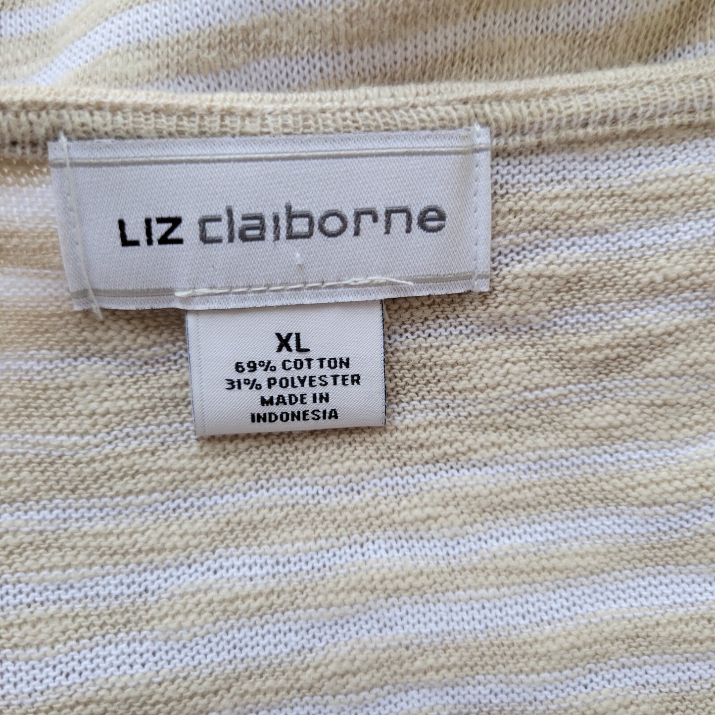 Liz Claiborne Womens Top Extra Large Knit Short Sleeve Tied Hem Beige Stripe