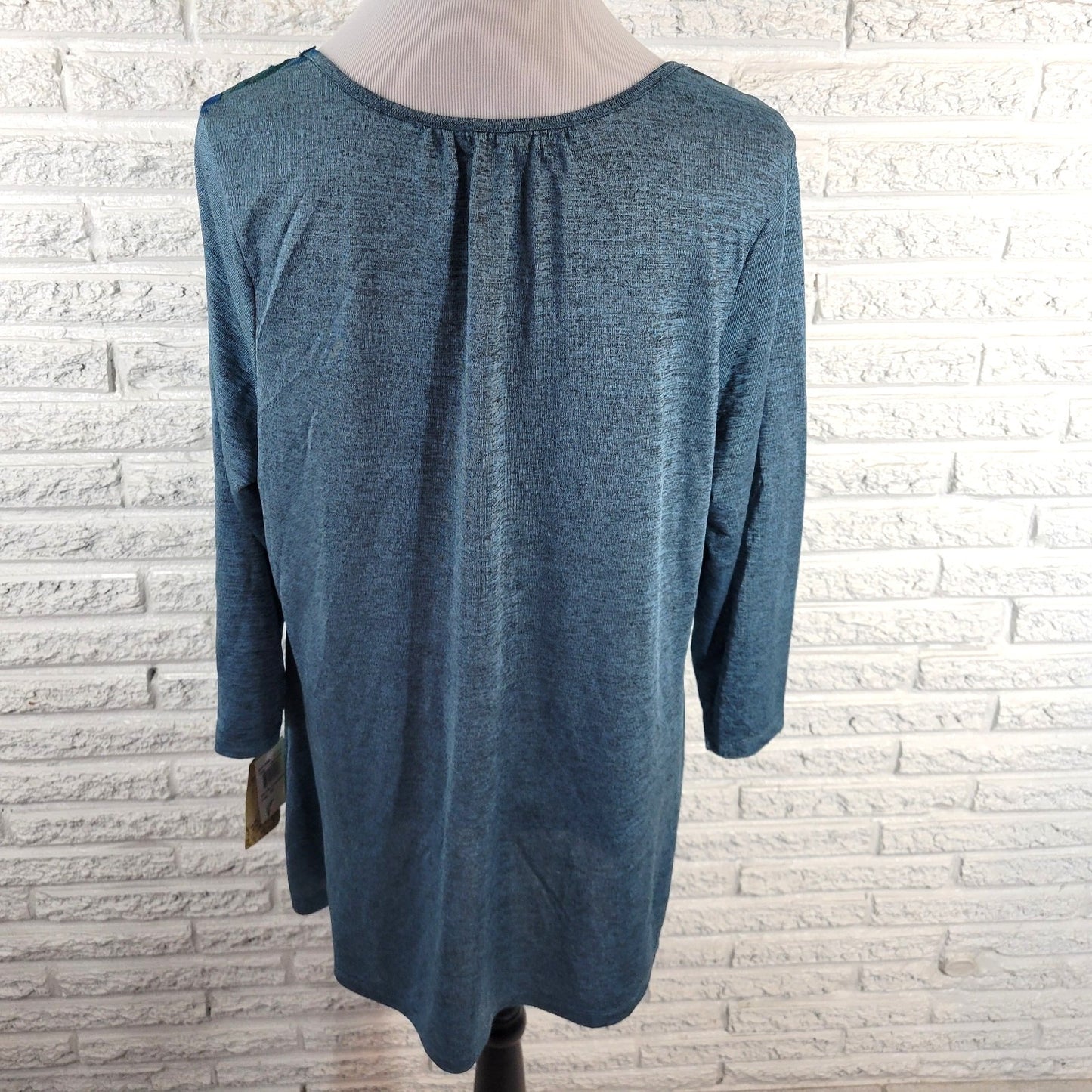 Energe Womens Top 2X Plus Tunic 3/4 Sleeve Blue Floral Rhinestone Lace Trim