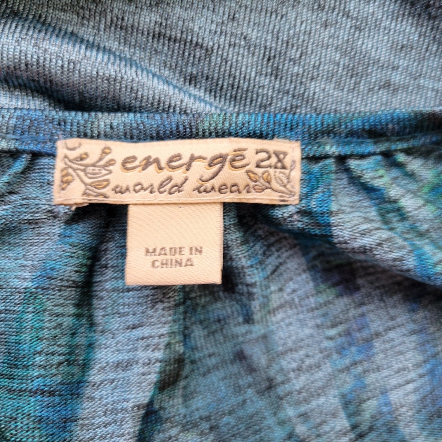 Energe Womens Top 2X Plus Tunic 3/4 Sleeve Blue Floral Rhinestone Lace Trim