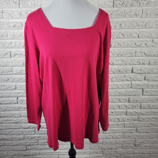 Roamans Womens Top 1X Plus Long Sleeve Pink Cotton Comfy Casual Square Neck