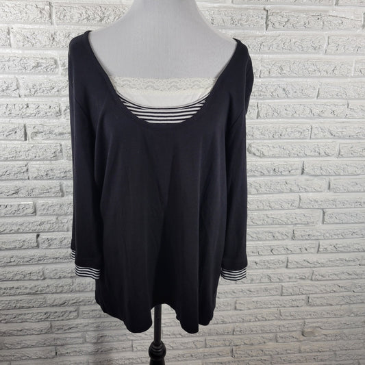 CJ Banks Womens Top 1X Plus 3/4 Sleeve Black Square Neck Cotton Lace Trim Comfy