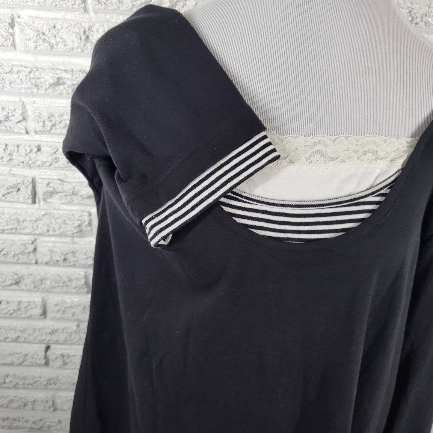 CJ Banks Womens Top 1X Plus 3/4 Sleeve Black Square Neck Cotton Lace Trim Comfy