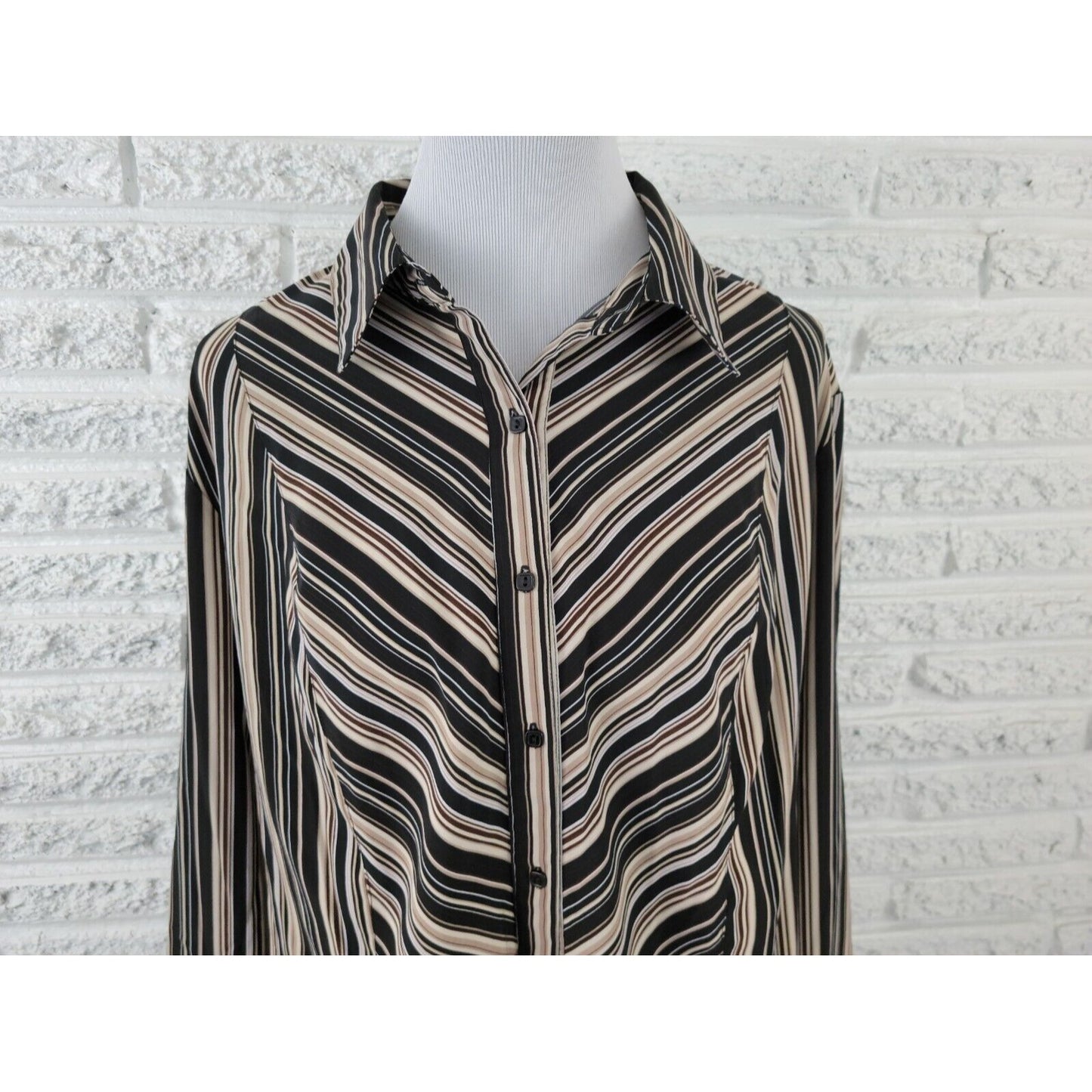 Notations Women Shirt 2X Plus Button Up Collar Black Stripe Long Sleeve Office