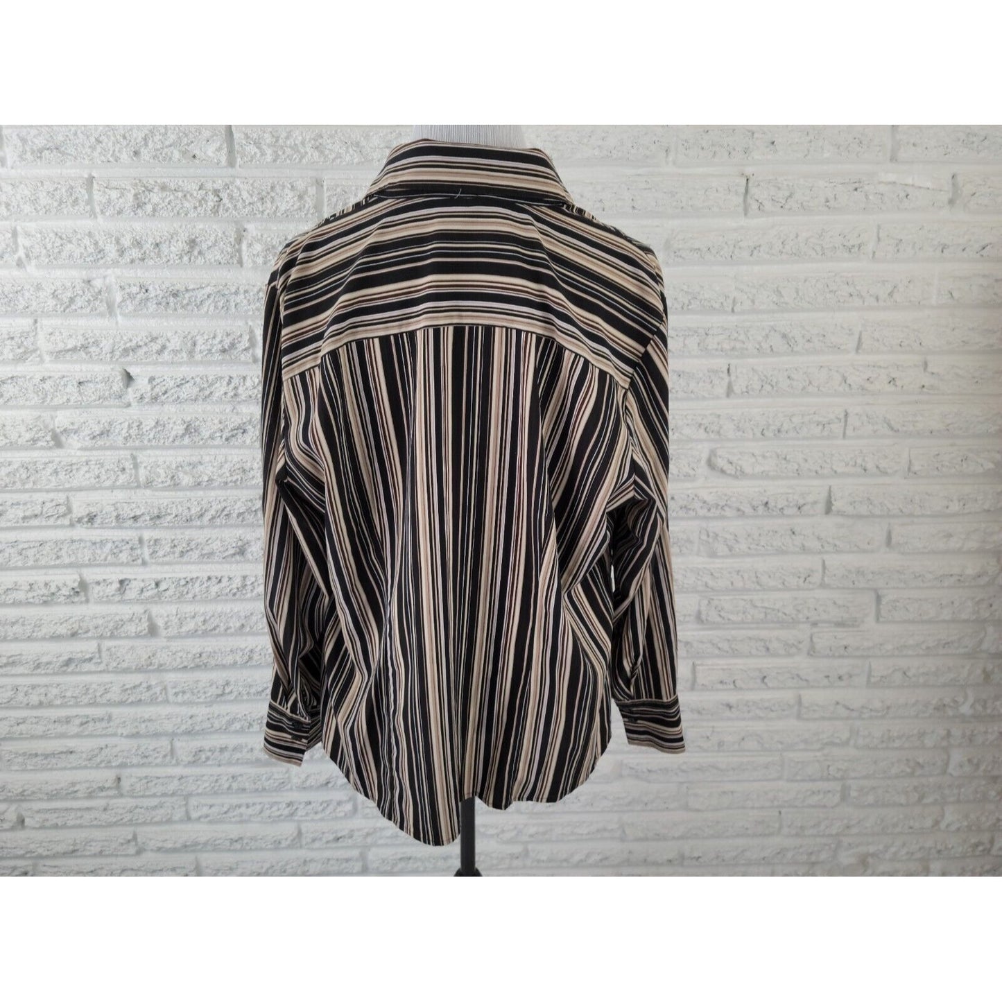 Notations Women Shirt 2X Plus Button Up Collar Black Stripe Long Sleeve Office