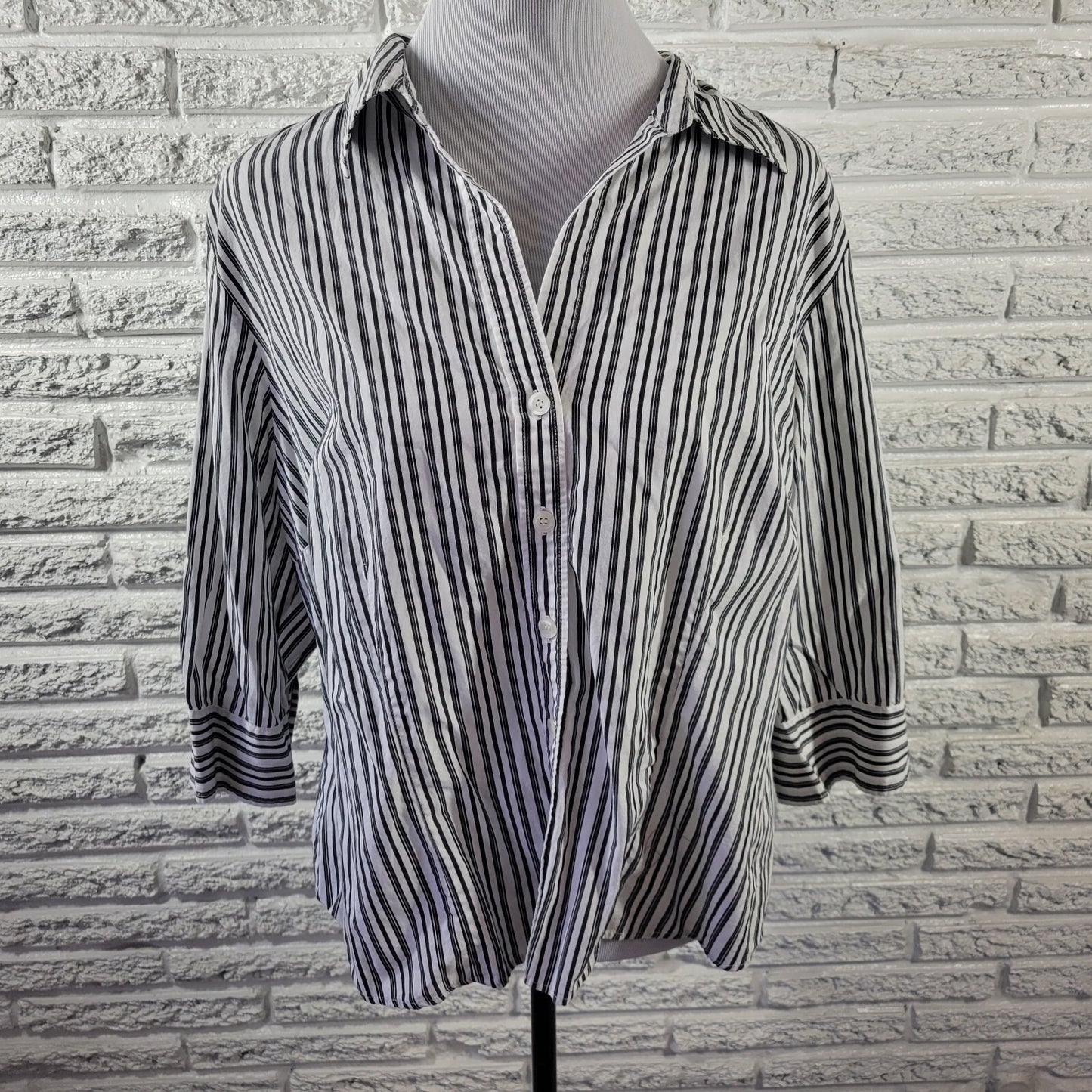 Style Co Womens Top 18W Plus 3/4 Sleeve Black Stripe Cotton Lightweight Collar