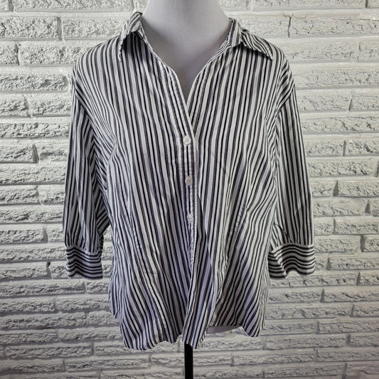 Style Co Womens Top 18W Plus 3/4 Sleeve Black Stripe Cotton Lightweight Collar