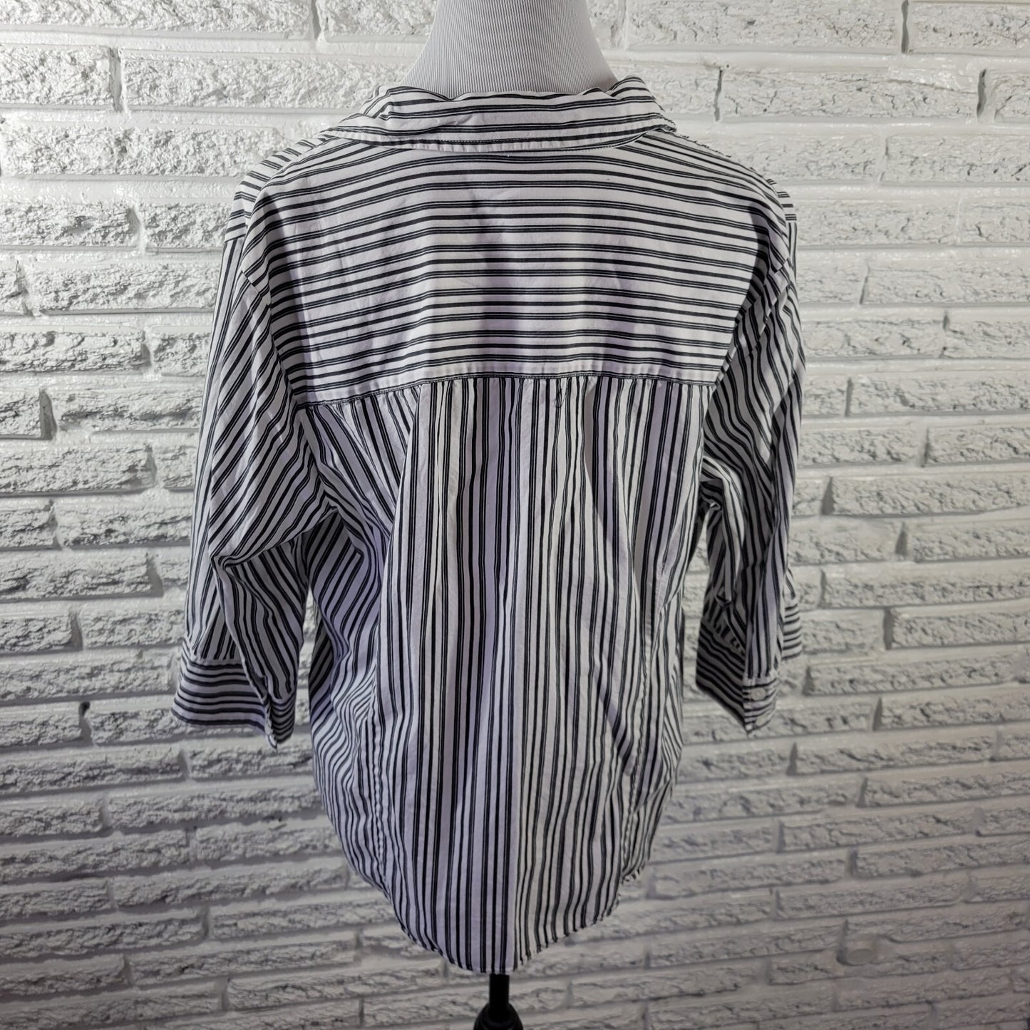 Style Co Womens Top 18W Plus 3/4 Sleeve Black Stripe Cotton Lightweight Collar