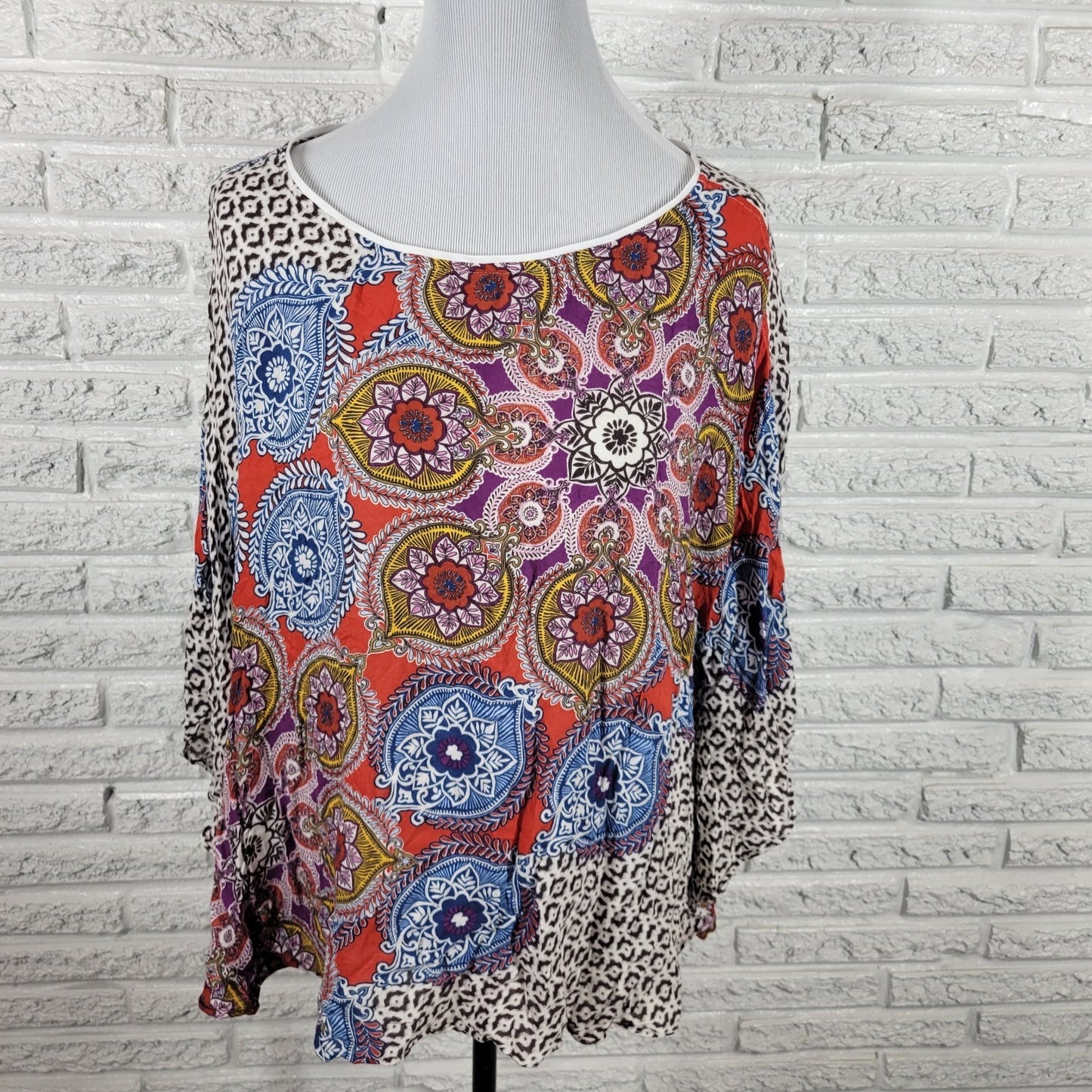 Chico's Women's L/XL Red Blue Geometric Semi-Sheer Rayon Blouse Top Round Neck